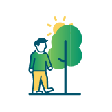 Illustration of a person walking outside next to a tree.