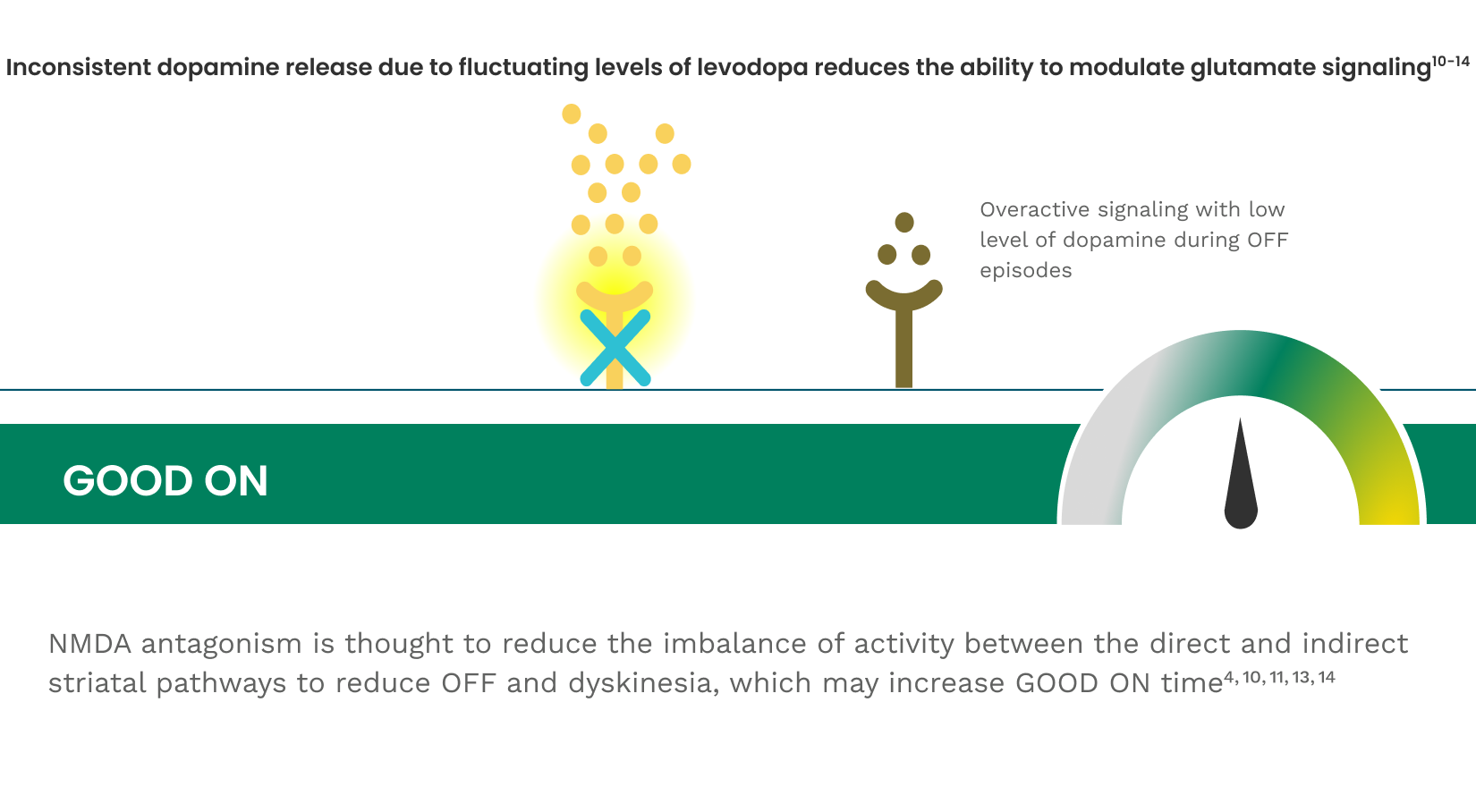 Illustration of NMDA antagonism and reduced dopamine tone during GOOD ON time.